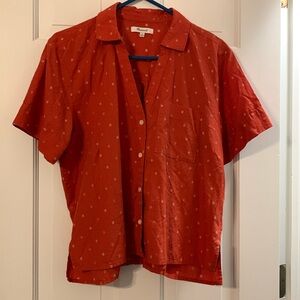 Madewell M short sleeve button down blouse orange with small embroidered print